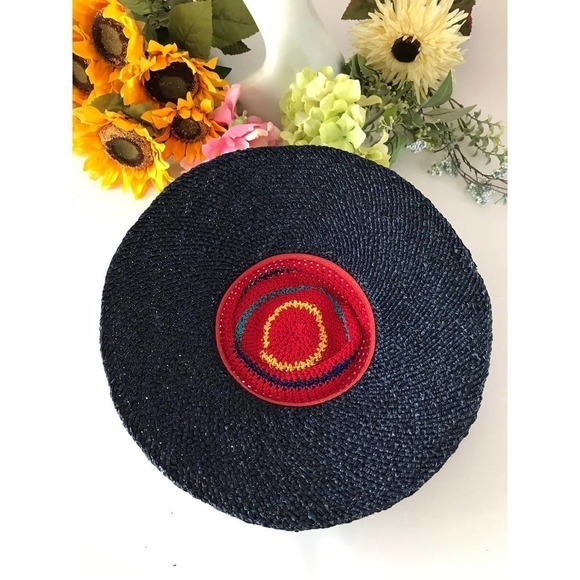 Vintage 1980s Navy‎ Straw Wide Brim Hat Funky Cool - Picture 4 of 5